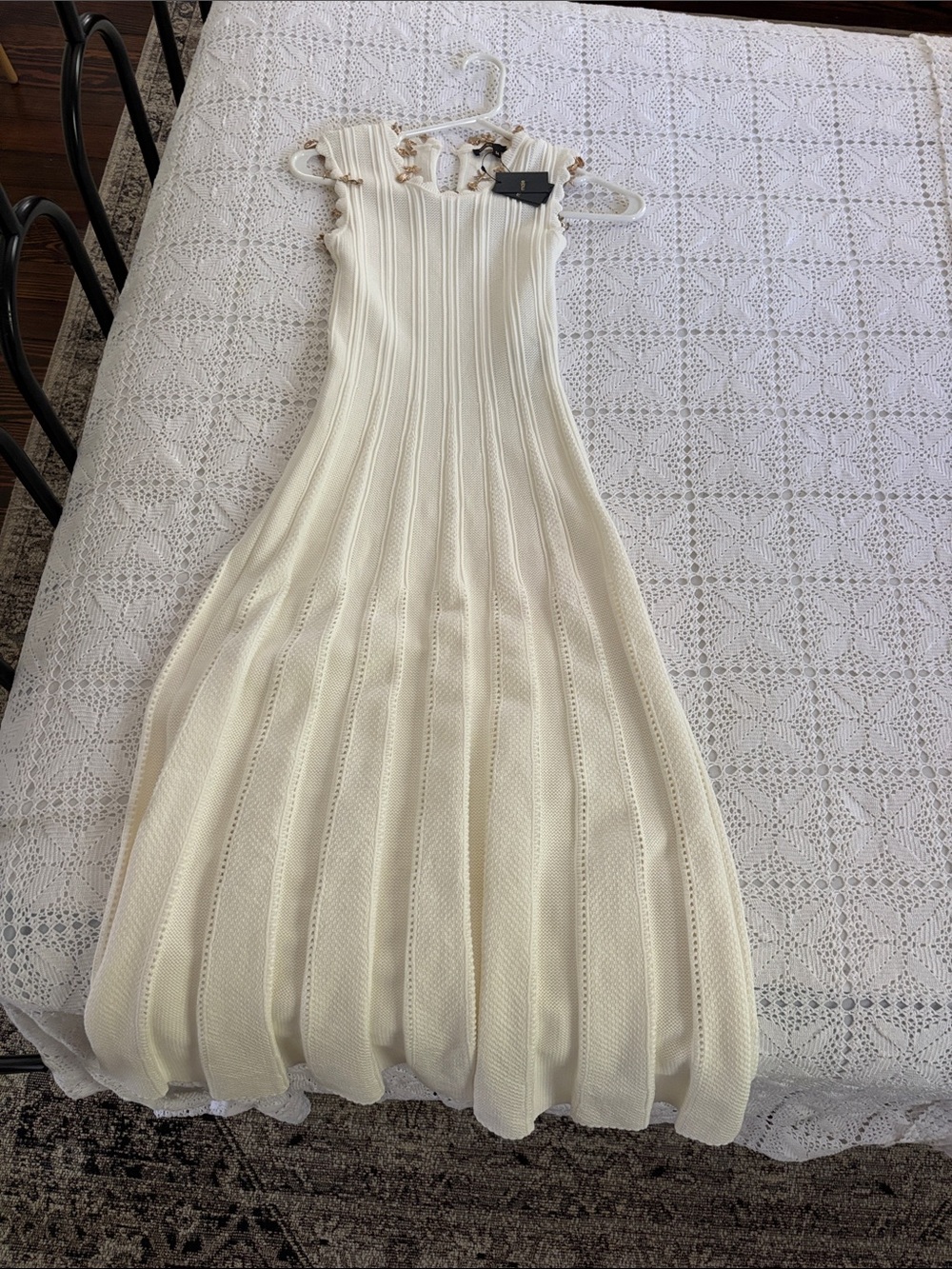Maje Cream Ribbed Maxi Dress with Ruffle Neckline